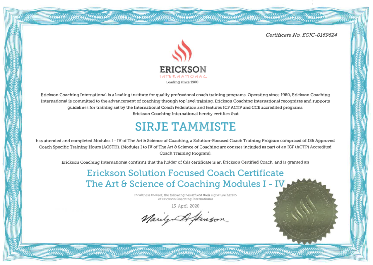 Sirje coachingu sertifikaat pilt - Tammiste Personalibüroo | Värbamine - Koolitus - Coaching